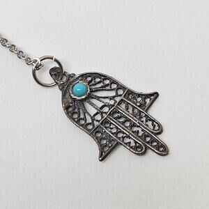 Vintage Sterling Silver 925 Hamsa Pendant Turquoise Stone Silver Tone Necklace